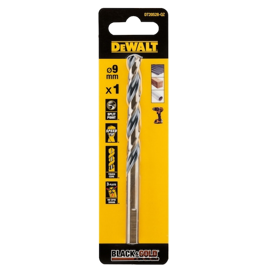 DEWALT drill bit 9mm in pack, photography category, SKUs DT20528-QZ, DT20528 visible.