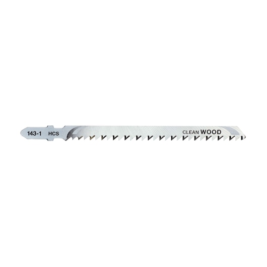 DEWALT DT2052 jigsaw blade for clean wood cutting. Metal blade with sharp teeth, labeled 143-1 HCS.
