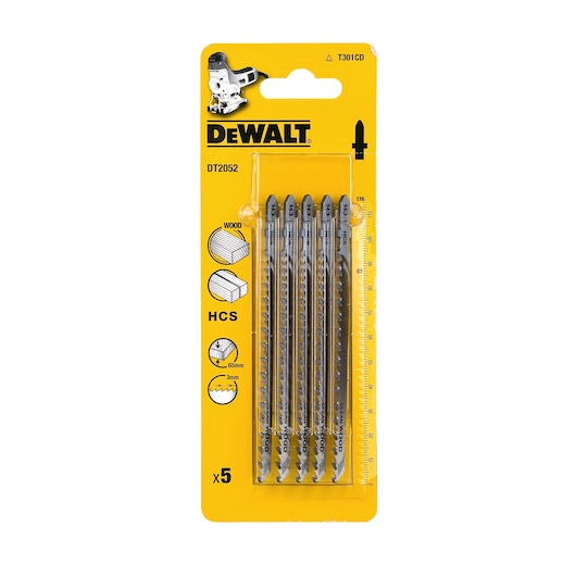 DEWALT DT2052 pack of 5 wood jigsaw blades in yellow packaging, suitable for cutting wood up to 65mm.