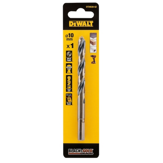 DEWALT drill bit, 10mm size, DT20530, DT20530-QZ in packaging for photography category.
