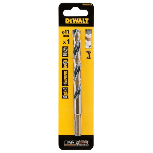DEWALT drill bit DT20532-QZ, DT20532, 11mm, Black & Gold. Photography category. Packaged product.