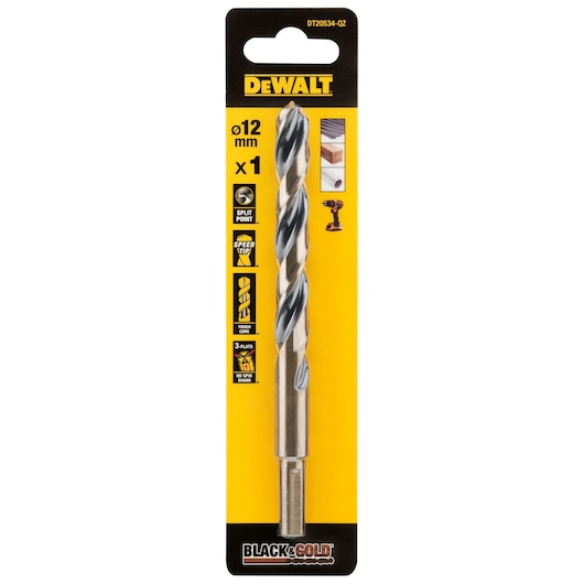 DEWALT drill bit DT20534-QZ, DT20534, photography, 12mm, Black & Gold, in branded packaging.