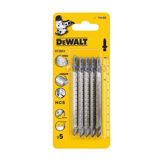 DEWALT DT2053 jigsaw blades, pack of 5 for cutting wood and laminate. Comes in yellow packaging.