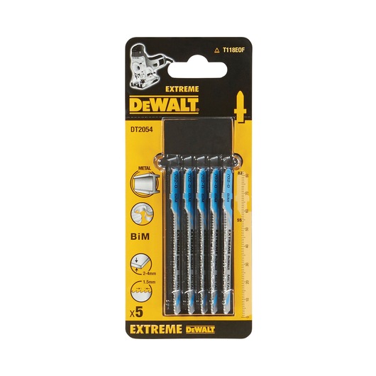 Pack of 5 DEWALT DT2054 Extreme jigsaw blades for cutting metal, displayed in branded yellow and black packaging.