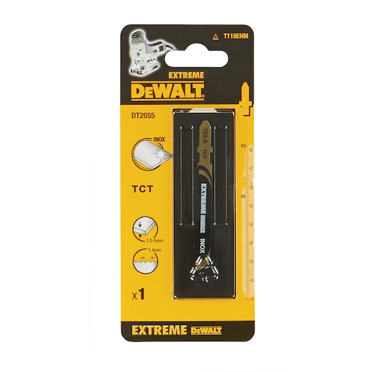 DEWALT DT2055 Extreme jigsaw blade in yellow-black packaging, suitable for cutting stainless steel, T118EHM.