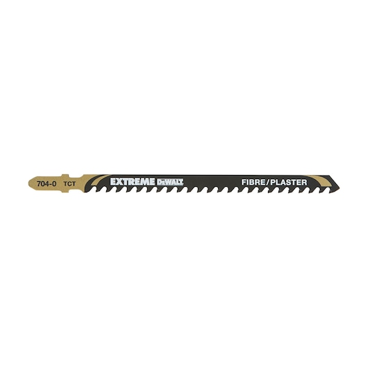 DEWALT Extreme jigsaw blade for fibre and plaster, black with gold details and sharp teeth.