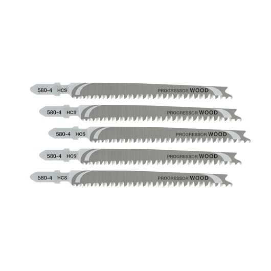 Five DEWALT DT2057 wood cutting jigsaw blades shown in a row, silver color, sharp teeth.