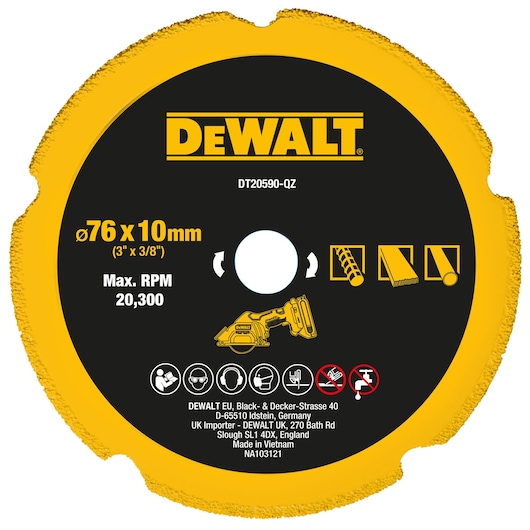 DEWALT DT20590 76x10mm saw blade, black and yellow, max RPM 20,300, for cutting metal and construction materials.