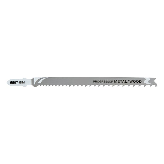 A DEWALT jigsaw blade for cutting metal and wood, silver color, model DT2059 with progressive teeth.