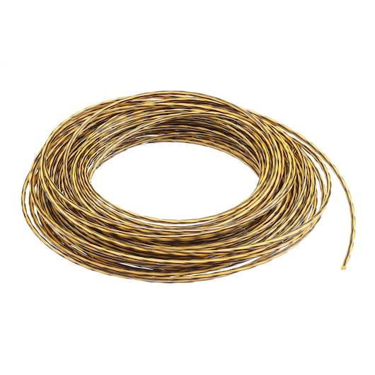 Coiled yellow and black trimmer line wire, placed in a circular shape on a white background.