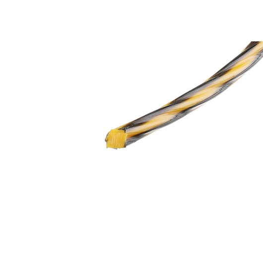 Close-up of a yellow and black spiral trimmer line with a cut end for outdoor power tools.