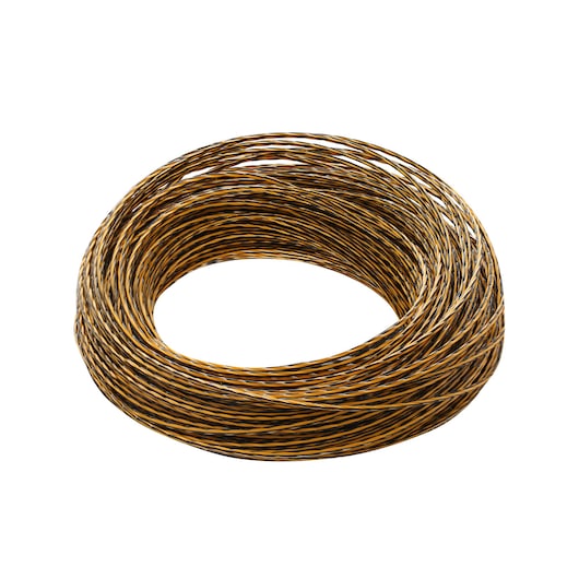 A coiled spool of twisted yellow and black wire on a white background.