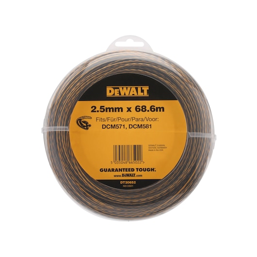 DEWALT DT20652 spool, 2.5mm x 68.6m trimmer line for DCM571 and DCM581. Yellow and black packaging.