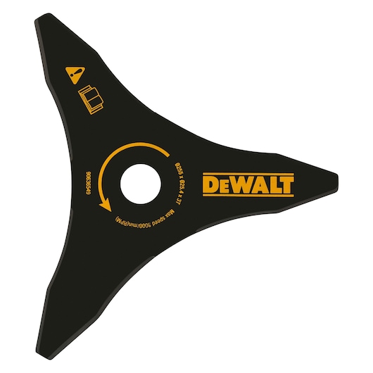 DEWALT DT20653 three-tooth black blade, used for brush cutters and garden tools, with yellow logo and markings.
