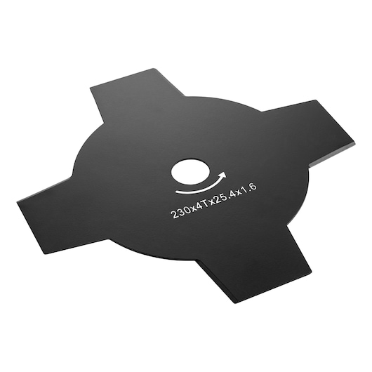 DEWALT DT20655 four-edged black metal brush cutter blade with central hole and size markings.