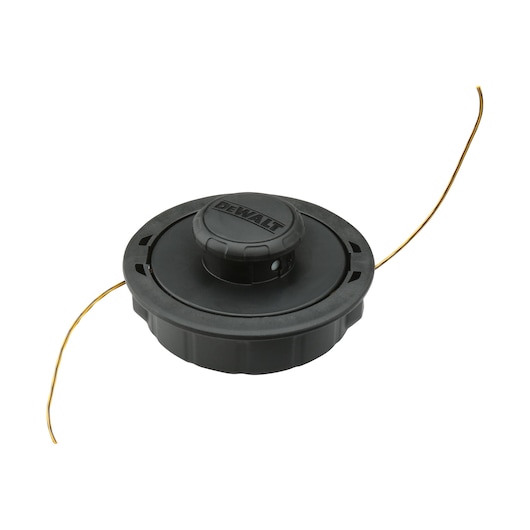 A black DEWALT trimmer spool with yellow cutting line, designed for use with outdoor power tools.
