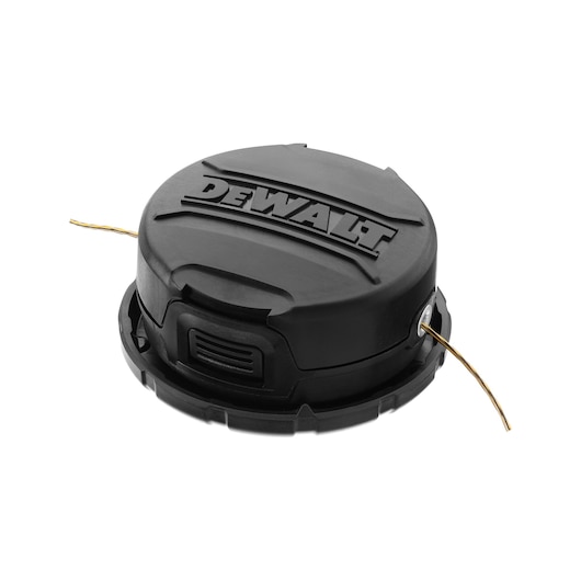 DEWALT black trimmer line spool with two lines extending out, shown on white background.