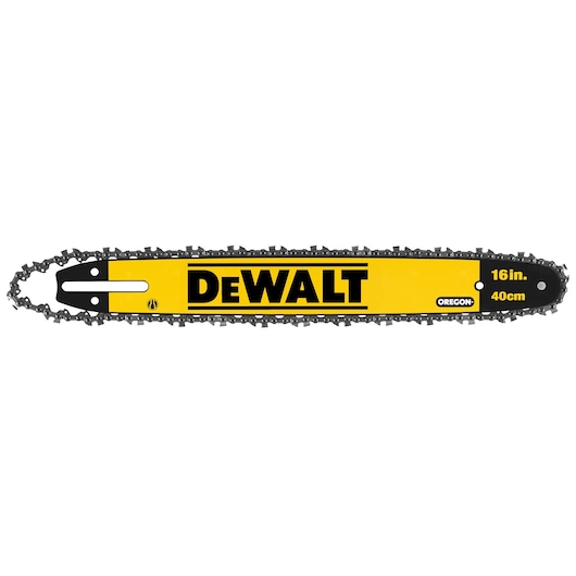 DEWALT chainsaw bar with chain, 16 inch (40 cm) size, yellow and black, Oregon branding visible.