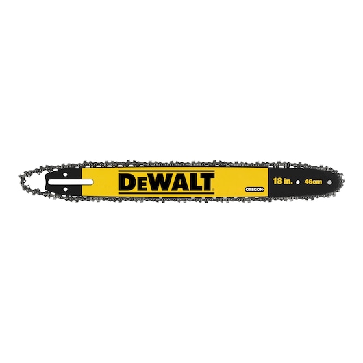 DEWALT 18 inch chainsaw bar and chain, yellow and black, product for cutting wood.