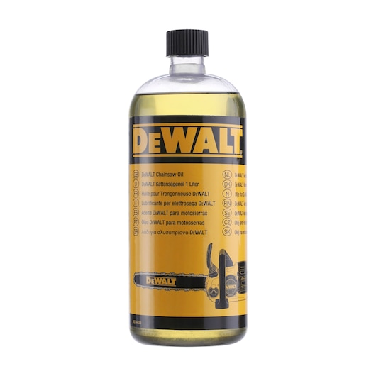 A clear bottle of DEWALT chainsaw oil with a black screw cap. The yellow and black label displays the DEWALT logo and product information in multiple languages.