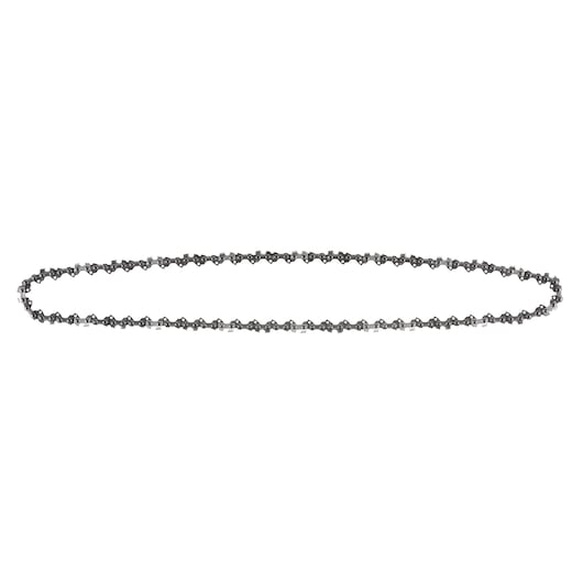A replacement chainsaw chain shown laid flat in an oval shape, with visible cutting links and connectors.