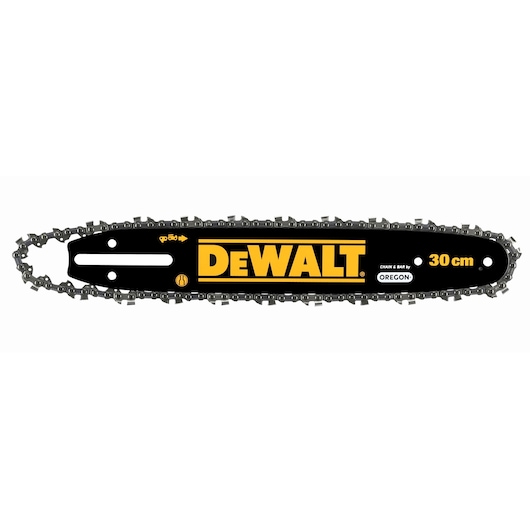 DEWALT 30cm chainsaw bar and chain, black with yellow logo, for cutting wood.