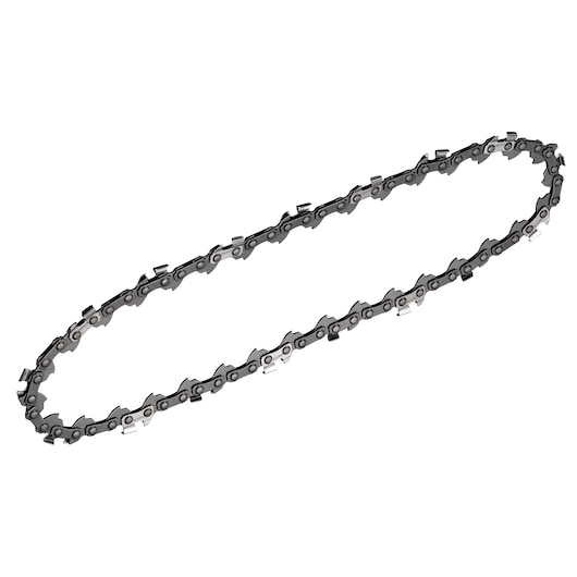A DEWALT replacement chainsaw chain, shown in an elliptical loop, with sharp metal cutting links.