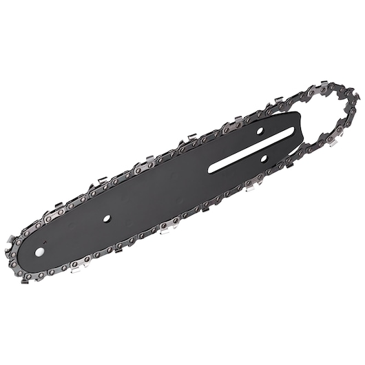 A close-up image of a DEWALT chainsaw bar with an attached chain, shown against a white background.