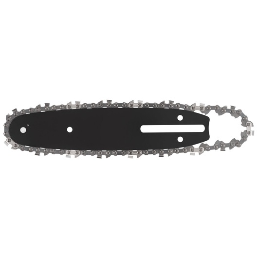 A DEWALT replacement chainsaw bar and chain set, shown isolated on a white background. The bar is black with mounting holes and the metal chain is looped around the bar.