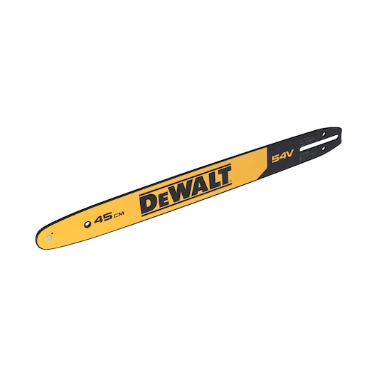DEWALT 45 cm chainsaw guide bar with yellow and black design and 54V marking.