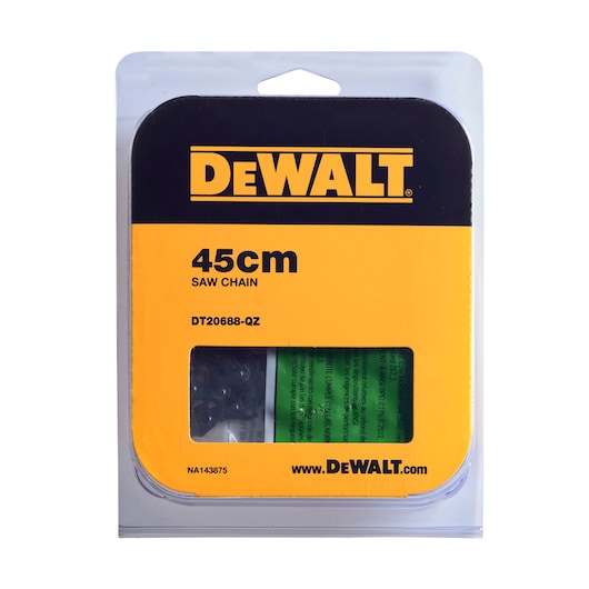 DEWALT DT20688 45cm saw chain in yellow and black packaging with clear window.