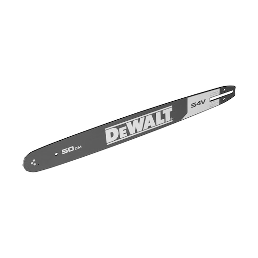 DEWALT 50 cm chainsaw bar, suitable for 54V chainsaws. Grey metal accessory for cutting tools.