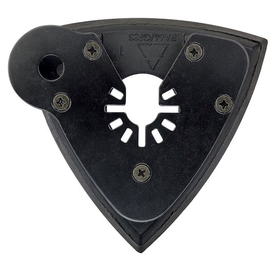 DEWALT DT20700 triangular sanding pad accessory with mounting holes for multitools, black color.