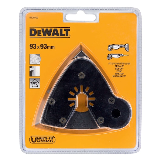DEWALT DT20700 multi-fit accessory, 93x93mm, for sanding, fits various brands, in retail packaging.