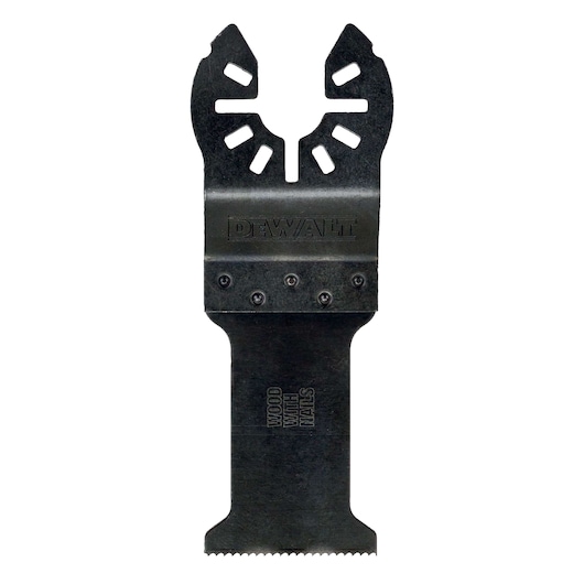 DEWALT DT20701 oscillating tool blade for cutting wood with nails, black, with serrated edge.