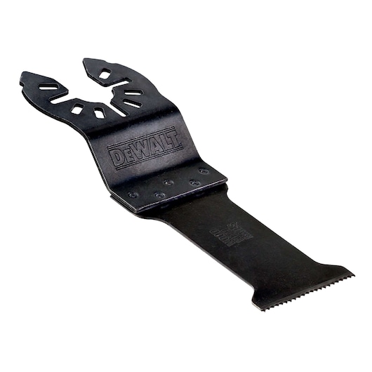 Black DEWALT branded oscillating multi-tool blade accessory, featuring a flat cutting edge and a multi-fit mounting end.
