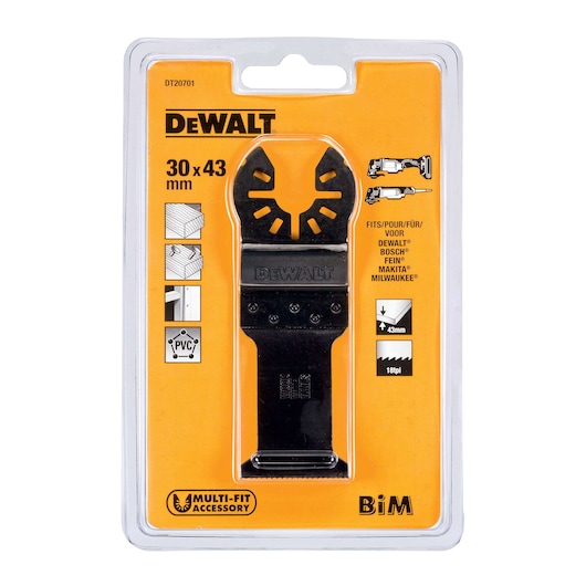 DEWALT DT20701 packaged multi-fit saw blade accessory, 30x43 mm, for wood, metal, PVC, compatible with various brands.