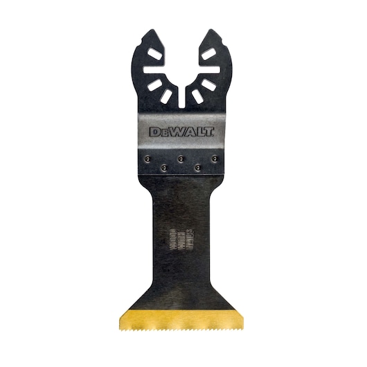 DEWALT DT20702 multi-material oscillating tool blade with a wide, flat cutting edge and a black and silver finish. The blade is designed for use with oscillating power tools.