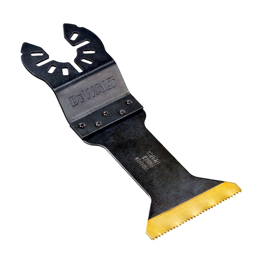 A DEWALT branded oscillating multi-tool blade with a flat, wide cutting edge featuring serrated teeth and a universal mounting end.