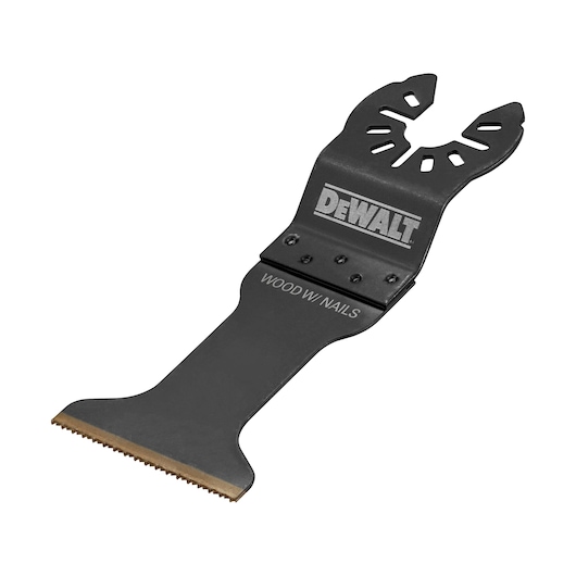 DEWALT multitool blade for cutting wood with nails, shown isolated on white background.