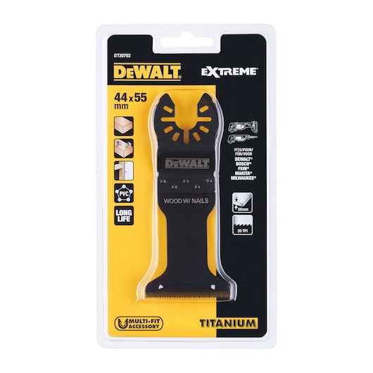 DEWALT DT20702 Extreme titanium blade for wood with nails, 44x55mm, in retail packaging.