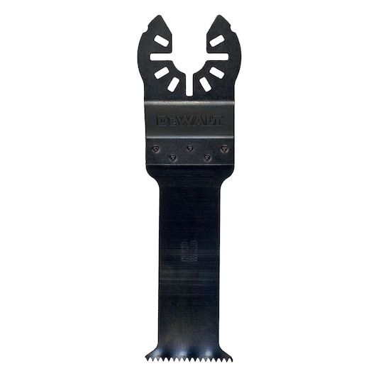 DEWALT DT20703 oscillating saw blade with straight edge and serrated tip, designed for cutting applications.