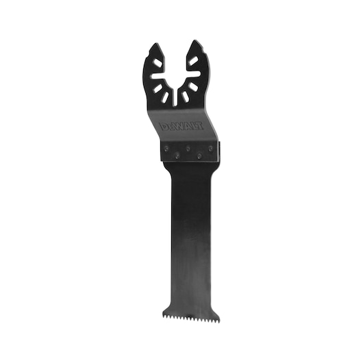 DEWALT DT20703 black oscillating multitool saw blade with a toothed edge, shown on a white background.