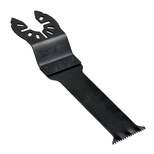 DEWALT DT20703 black oscillating multi-tool blade with toothed cutting edge for precision tasks.