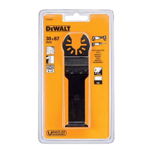 DEWALT DT20703 saw blade accessory in packaging, 30x67 mm, compatible with multi-tool brands.