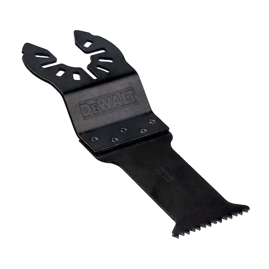 DEWALT DT20704 black oscillating multitool saw blade with mounting holes, used for cutting tasks.