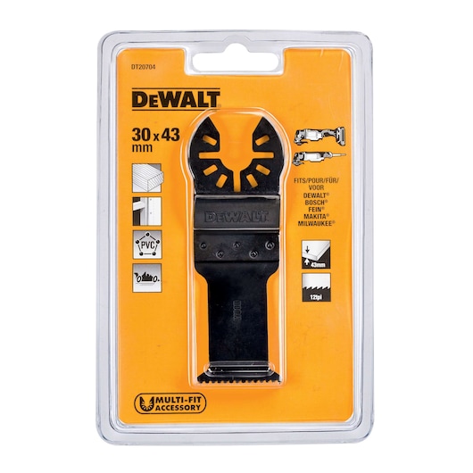DEWALT DT20704 multi-fit saw blade, 30x43 mm, for wood, PVC, and metal, in retail packaging.