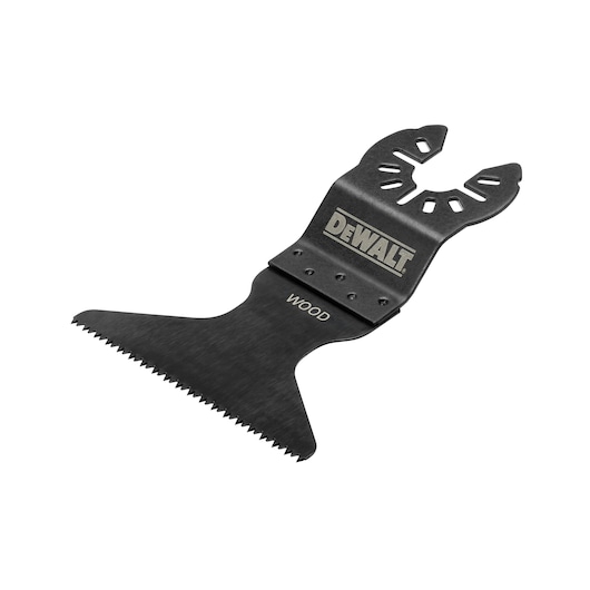 DEWALT DT20705 wood cutting saw blade for oscillating tools, black, with teeth and mounting slot.