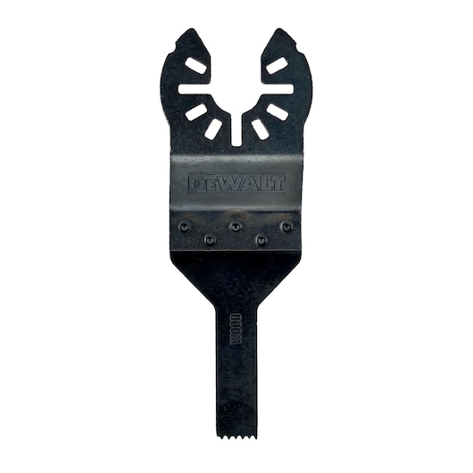 DEWALT DT20706 oscillating tool wood blade with black finish, straight edge and mounting holes, shown vertically.