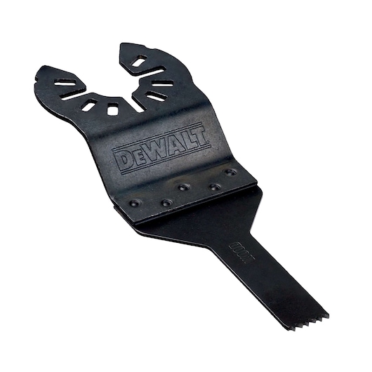 DEWALT DT20706 black multitool blade, flat with serrated edge for cutting, shown on white background.